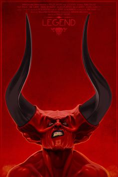 a red devil with long horns on it's head in front of a red background