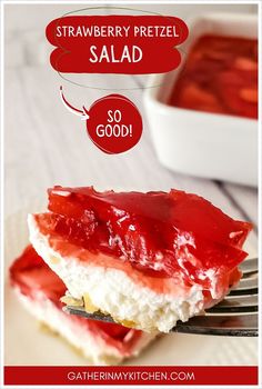 strawberry pretzel salad on a plate with a fork