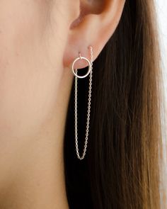 Long Circle Threader Earrings Sterling Silver and Gold Plated Trendy Threader Earrings With Adjustable Chain, Elegant Threader Earrings With Delicate Chain, Elegant Gold Metal Threader Earrings, Elegant Gold Round Threader Earrings, Chain Threader Earrings, Threader Earrings Gold, Multiple Earrings, Edgy Earrings, Dainty Hoop Earrings