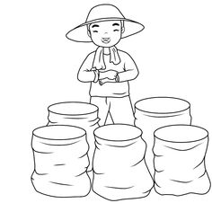 a man standing in front of stacks of bags with his hands on his hips and wearing a hat