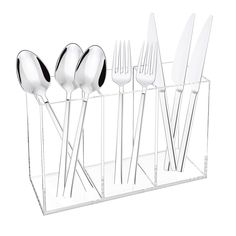 a set of five forks and spoons in a holder