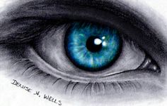 a drawing of an eye with blue eyes