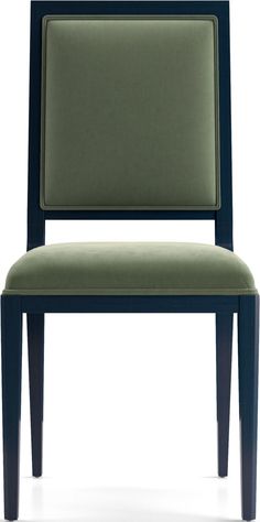 an upholstered chair with dark wood legs and a green fabric seat pad, viewed from the front