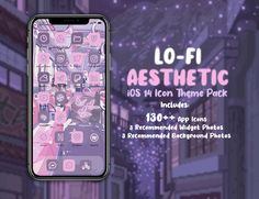 an iphone with the text lo - fi aesthetic on it, and icons in pink