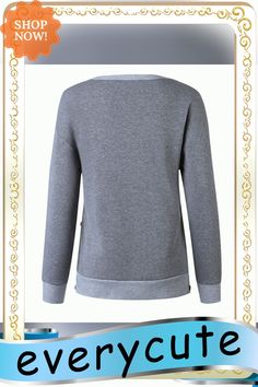 Gray Button Up Split Long Sleeve Sweatshirt Gray Long Sleeve Sweater With Button Closure, Gray Tops With Pockets For Fall, Crew Neck Buttoned Tops For Loungewear, Crew Neck Tops With Buttons For Loungewear, Gray Long Sleeve Tops With Button Closure, Solid Color Tops With Button Closure For Loungewear, Gray Long Sleeve Tops With Buttons, Winter Cotton Tops With Buttons, Tops With Button Closure For Loungewear