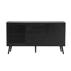 the sideboard is black and has two doors, one door open to reveal an interesting design