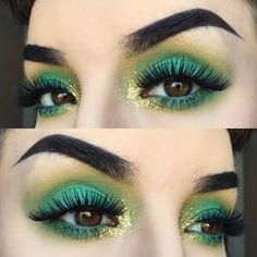 Green Wig Makeup Looks, Green And Gold Eyeliner, Loki Eye Makeup, Green Witch Eye Makeup, Green Face Makeup, Dramatic Green Eye Makeup, Dinosaur Makeup Women, Green Make Up Ideas, Luigi Makeup