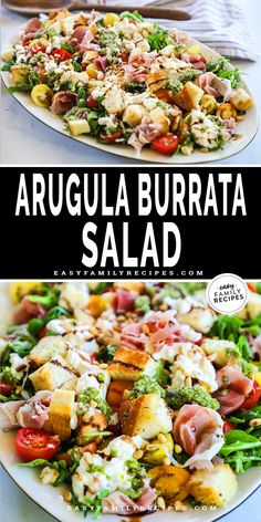 two plates with different types of salads on them and the words arugula burrata