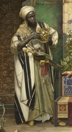 From Painting by Sasha Beliaev  This is a great depiction of a Frichan magus holding a container in which he has imprisoned a djinn: source of his power and his extradimensional servant. Arabian Nights, Black Man, 판타지 아트, African Art