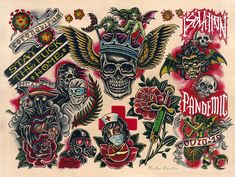 an old school tattoo design with skulls and roses