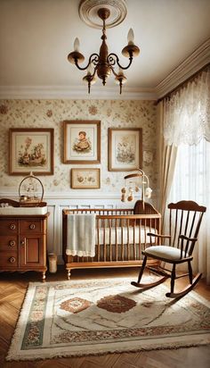 a baby's room with a rocking chair, crib and pictures on the wall