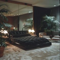 90s Luxury Bedroom, 70s Penthouse Apartment, Luxury Vintage Interior Design, Scarface Room Aesthetic, 90s Luxury Home, 70s Hollywood Interior, 80s Home Design, Vintage Retro Interior, Black Velvet Bedroom