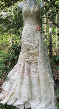 Crochet , lace and tulle maxi length wedding dress Custom made to your measurements Mermaid Boho Wedding Dress, Wedding Dress Cream, Crochet Wedding Dresses, Vintage Boho Dress, Lace Dress Boho, Boho Mode, Crochet Wedding, Trendy Wedding Dresses, Lace Wedding Dress Vintage