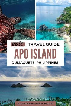 the philippines travel guide with pictures of sea turtles and mountains in the background, including an island