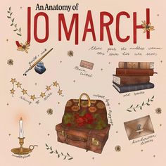 the cover of an anatomy of jomarch, with illustrations of books and other items