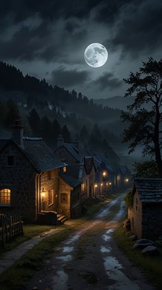 an image of a village at night with the moon in the sky