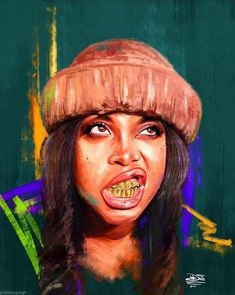 a painting of a woman with braces and a beanie on her head is shown