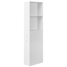 a tall white cabinet with two drawers on the bottom and one door open to reveal something