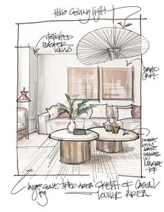 Marker Sketch and Rendering of Interior Living Area with a sofa and tables and large scale artwork. تصميم دورة مياه, Design Portfolio Layout, Interior Design Portfolio Layout, Interior Design Student, Interior Architecture Drawing