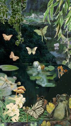 a painting of butterflies flying over water and lily pads