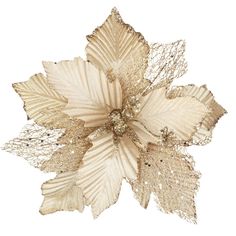 a white flower with gold leaves is shown on a white background for use as an ornament