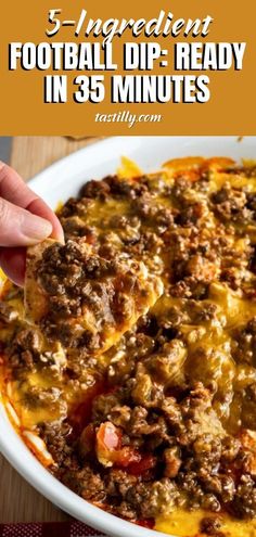 If you’re looking for the perfect game-day dip, this is it. It’s creamy, cheesy, meaty, and has a spicy kick from salsa. This dip is layered, and then baked so the flavors meld together and you can customize it by using the protein of your choice, and as many ad-ons as you wish. This quick and easy dip will be the MVP of snacks! Easy Game Day Dips, Football Dip, Beef Dip, Easy Dip, Appetizers Easy Finger Food, Dip Recipes Easy