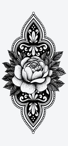 a black and white drawing of a rose with leaves on it's petals, in an ornate pattern