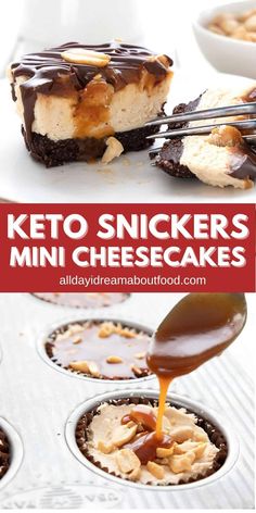 keto snickkers mini cheesecakes with chocolate sauce being drizzled on top