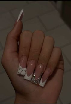 White French Tip Nails With Bling, Fuerza Regida Nails, Latina Nail Ideas, Simple Hello Kitty Nails, Bling French Tip Nails, Nail Designs With Gems, Ivana Santacruz, Ongles Bling Bling, Kitty Nails