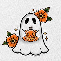 a ghost holding a pumpkin with flowers on it's head and wearing a flower in its mouth