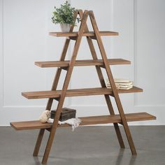 a wooden shelf with two plants on top and a potted plant in the bottom