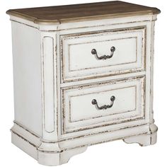 an old white nightstand with two drawers on the bottom and one drawer open to reveal a wood top