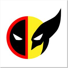 the deadpool logo is shown in red, yellow and black on a white background