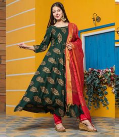 Fabric :- Rayon Closure Type :- Zipper Lining Material :- Cotton Packaging Details :- The Pattern Selected By You Dispatching Time :- 5 To 7 Working Days Anarkali Kurta Set, Gold Print