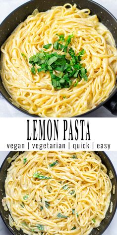 two images showing how to make lemon pasta in one pan and the same image with text overlay