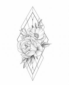 a black and white drawing of flowers in a diamond shape on a white paper background