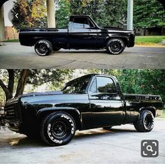 an old black pickup truck parked in front of a house and another photo of the same truck