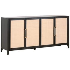 a black cabinet with three doors and two beige panels