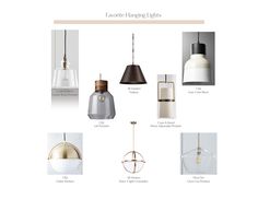 several different types of pendant lights hanging from the ceiling, including one with a light bulb and