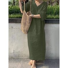 Season:Summer,Spring; Fabric:Linen; Sleeve Length:Half Sleeve; Look After Me:Machine wash; Gender:Women's; Style:Modern,Basic; Elasticity:Inelastic; Occasion:Weekend,Daily; Fit Type:Loose Fit; Dresses Type:Casual Dress,Cotton Summer Dress; Pattern:Plain; Design:Basic; Neckline:V Neck; Front page:FF; Listing Date:03/13/2024; Production mode:External procurement; 2024 Trends:2023; Bust:; Hips:; Length:; Shoulder Width:; Sleeve:; Waist:; Dress Length Type:Maxi Dress; Print Type:non-printing Summer Dresses Linen, Steps Dresses, Dresses Linen, Loose Midi Dress, Maxi Dress Summer, Linen Tunic Dress, Spring Dresses Casual, Womens Long Dresses, Cotton Linen Dresses