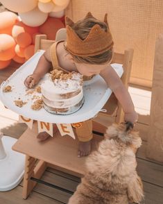 a small child sitting at a table with a cake on it and a dog standing next to him