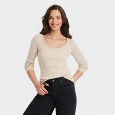 Relaxed Fit Scoop Neck T-shirt For Fall, Fall Relaxed Fit Scoop Neck T-shirt, Fall Scoop Neck T-shirt With Relaxed Fit, Stretch Tops With 3/4 Sleeve For Everyday, Fitted Scoop Neck T-shirt For Fall, Basic Scoop Neck T-shirt For Fall, Fall Basic Scoop Neck T-shirt, Fitted Long Sleeve T-shirt For Everyday, Fall Scoop Neck Long Sleeve Top For Everyday