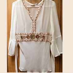 Gorgeous Beaded Sheer Tunic - Made In India Size 8 - New With Tags! Extra Beads Included. Elegant Embellished Tops For The Beach, Bohemian Embellished Summer Blouse, Summer Bohemian Embellished Blouse, Elegant Embellished Top For Beach, Summer Festival Embellished Blouse, Bohemian Beaded Tops For Beach, White Beaded Bohemian Tops, Fitted Bohemian Beaded Tops, Beaded V-neck Top For Festivals