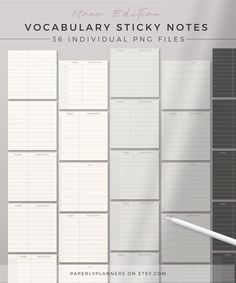 a notebook and pen sitting on top of a white sheet of paper with the words, vocaular sticky notes individual png files