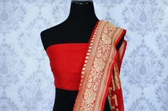 Ethnic red georgette Banarasi sari is perfect for a striking Indian look at weddings and festive occasions. The saree has an overall zari work and zari buta which makes it absolutely rich. It comes with a matching red blouse piece. Shop online at Pure Elegance or visit our store in USA! Disclaimer: The actual product may vary slightly from the image. These are custom orders, hence expect slight variation in color, placement of the motif or buta. ESTIMATED DELIVERYBecause this is a custom order, Georgette Banarasi Saree, Banarasi Sari, Indian Look, Pure Elegance, Red Blouse, Banarasi Saree, Zari Work, Saree Online, Banarasi Sarees