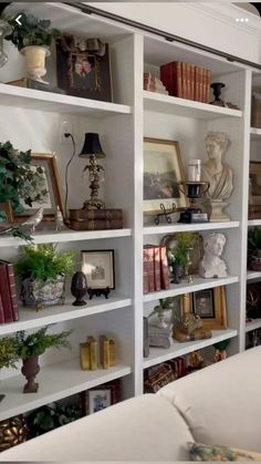 a living room filled with lots of white bookshelves covered in vases and plants