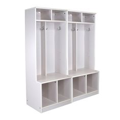 three white lockers sitting next to each other