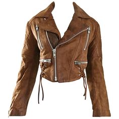 Awesome 1980s MICHAEL HOBAN for NORTH BEACH LEATHER light brown distressed leather cropped motorcycle jacket! Features super soft distressed leather, with large silver metal zipper details thorughout. Four large pockets on the front bodice zip shut. Adjustable ties at each side of the waist can adjust to fit. Fully lined. Can be worn fully zipped up for those extra cold day, left part open, or entirely open with the sleeves pushed up for a rockstar look! In great condition. Approximately Size Me Camel Leather Jacket, Vintage Biker Jacket, Men Cosplay, Cropped Jackets, Celebrities Leather Jacket, Cropped Moto Jacket, Brown Moto Jacket, Distressed Jacket, Cropped Leather Jacket