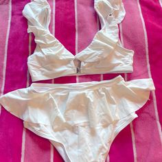 Never Worn, Clasp For Bikini Top In The Front, Wrinkled In Photo, But It’s Lovely When Wearing, Classy Looking White Triangle Top Swimwear With Ruffles, White Ruffled Triangle Top Swimwear, White Ruffled Swimwear For Beach Party, Womens Swim, Color White, Womens Sizes, Women Shopping, How To Wear, White