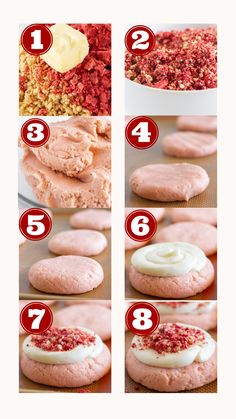 the steps to make pink donuts with icing and sprinkles are shown